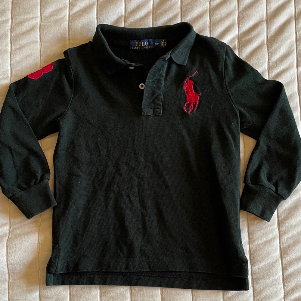 Ralph Lauren Preppy Long Sleeve Polo Kids Dark Green & Iconic Red Logo Boys 3T